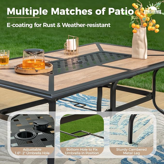 SUNSHINE VALLEY 7 Pcs Patio Dining Set for 6, Metal Rectangular Dining Table (PVC Table Top) with Umbrella Hole and 6 Chairs, Outdoor Dining Set for Lawn Garden Deck, Brown