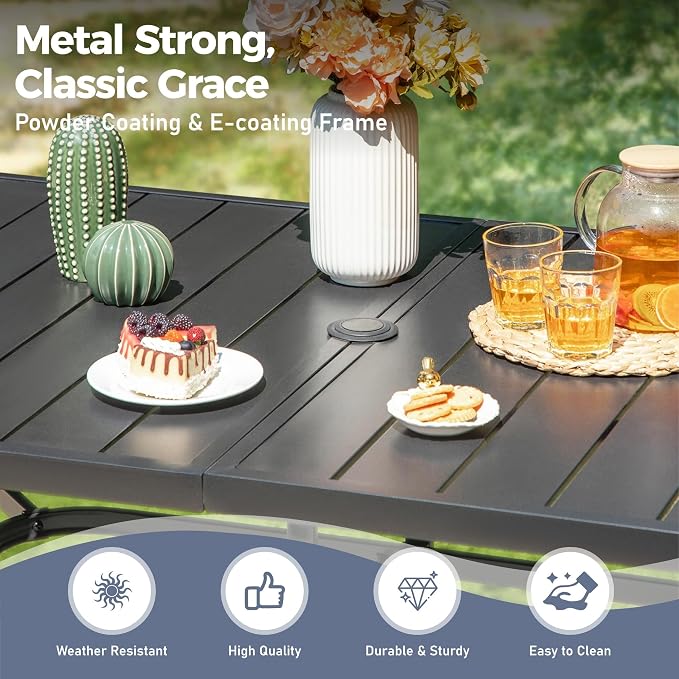 SUNSHINE VALLEY 7 PCS Patio Dining Set for 6, Rectangular Metal Table with Umbrella Hole, 6 x Brown Dining Chairs, Outdoor Table and Chairs Set for Lawn Backyard and Deck