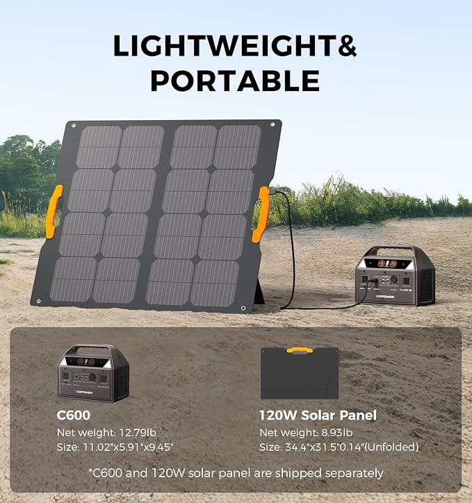UDPOWER C600 Solar Generator with 120W Panel, 595Wh LiFePO4, 600W (Surge 1200W) AC Outlet, Portable Power Station for Camping RV Emergency Backup Brown