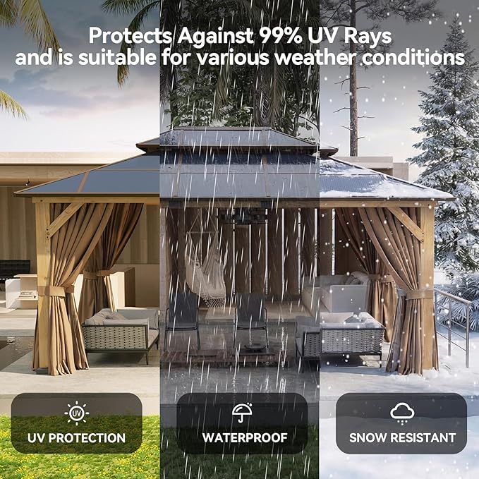 Aoxun 12' x 16' Outdoor Wood Gazebo with Double Polycarbonate Top, Hardtop Gazebo Permanent Wooden Pavilion with Breathable Netting and Privacy Curtain for Patio, Garden, Deck, Cedar Wood, Natural