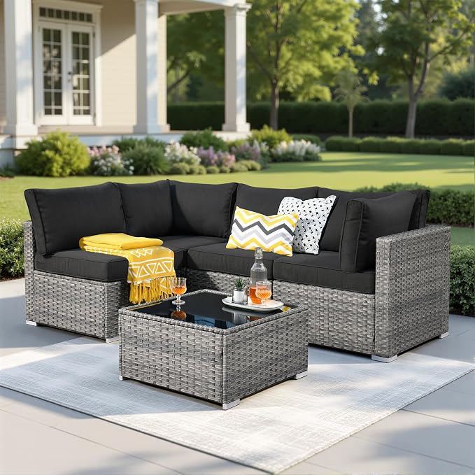 Weaxty 5 Pieces Patio Furniture Sets,Wicker Outdoor Sectional Sofa with Thicken Cushion and Rattan Coffee Table,Patio Conversation Couch Set for Porch, Balcony,Yard, Poolside,Black