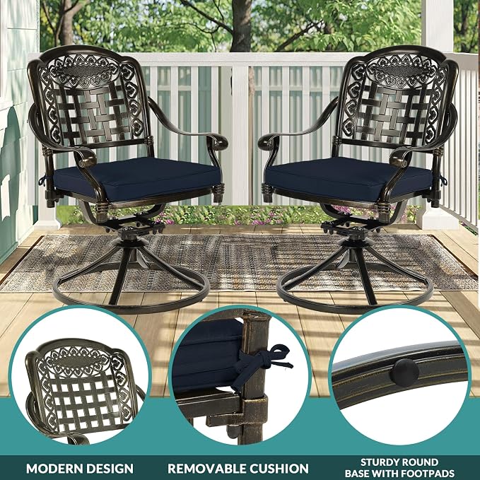 MEETWARM 9-Piece Outdoor Patio Dining Set for 8, All Weather Cast Aluminum Patio Funiture Table and Chairs Set- Large 64" Square Table and 2 Swivel Rocker Chairs, 6 Stationary for Garden, Navy Blue