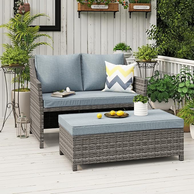 OC Orange-Casual 2-Piece Outdoor Patio Furniture Wicker Love-seat and Coffee Table Set, with Built-in Storage Bin, Grey Rattan, Grey Cushions