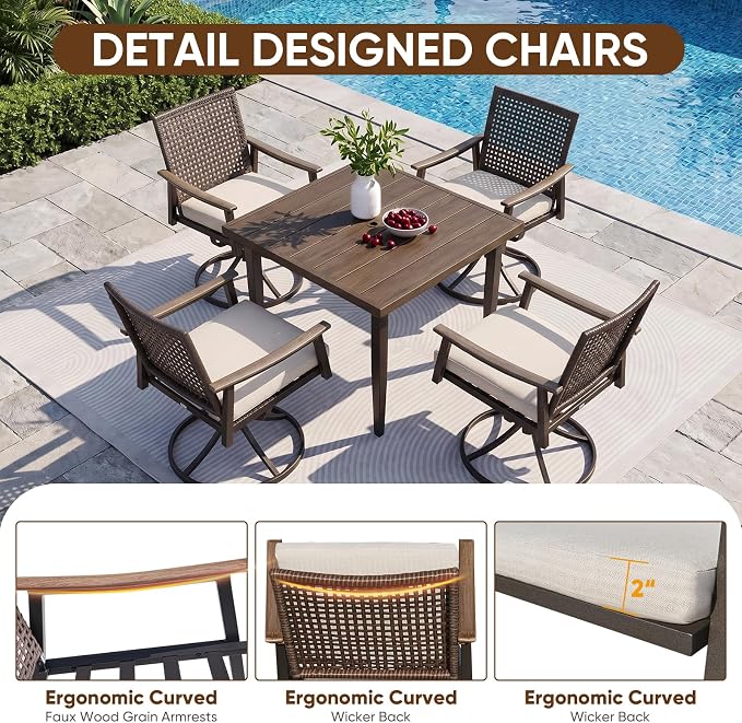 NATURAL EXPRESSIONS Outdoor Dining Set,Patio Table and Chairs Set with 4 Rattan Wicker Swivel Chairs,5 Piece Patio Dining Set for 4,36.6" Woodgrain Table with 1.65" Umbrella Hole,Patio Sets for Yard