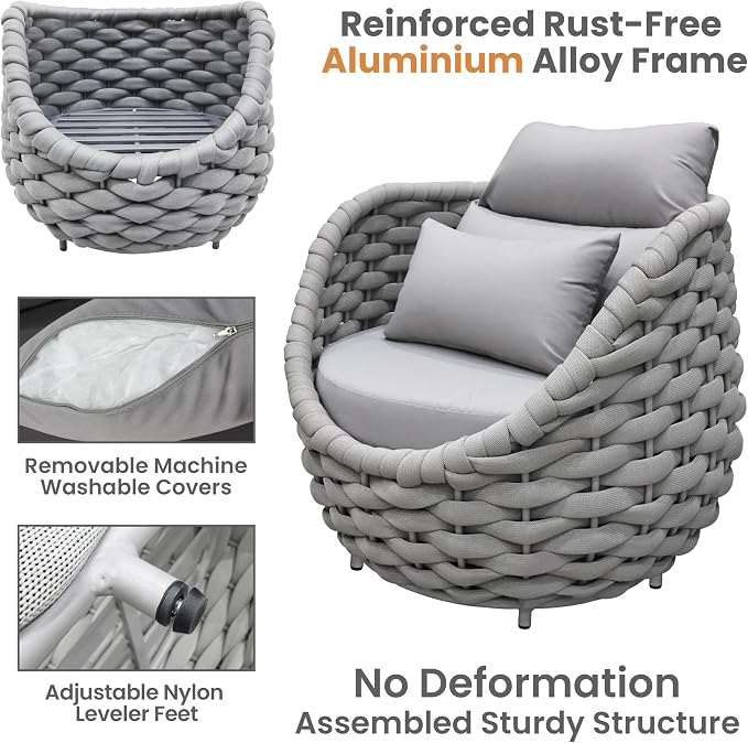 Front Porch Furniture Set: 5 Pieces Aluminum Patio Conversation Set All Weather - Cushioned Outdoor Sofa Set Assembled - Modern Metal Couch Seating for 400lbs Deck Garden Poolside Hotel - Gray