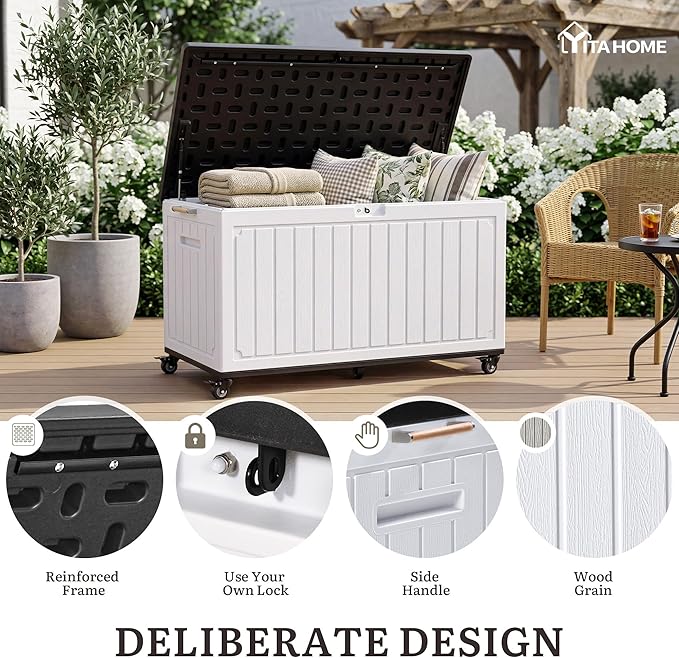 YITAHOME 90 Gallon Outdoor Storage Box with 6 Swivel Wheels & Dual Wooden Handles, Large Double-Wall Resin Deck Box, Lockable Waterproof Patio Organizer for Furniture, Cushions, White & Black
