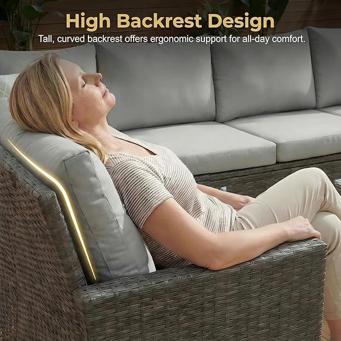 Wisteria Lane 7 Piece Patio Furniture Set, High Curved Back Wicker Outdoor Dining Set, All Weather Patio Sectional, Outdoor Furniture Patio Conversation Set with Ottoman, Ash Gray