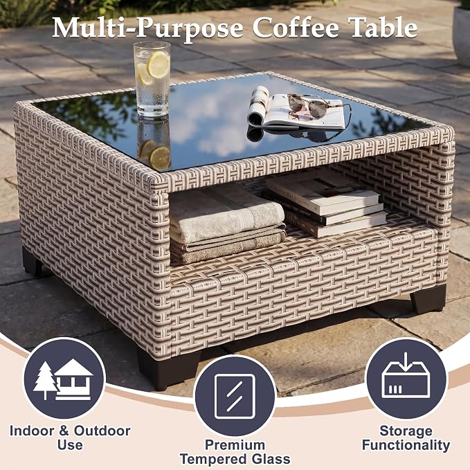 Patio Furniture Set, 15-Piece Outdoor Sectional Sofa with 60,000 BTU Fire Pit Table & 2-Layer Glass Coffee Table, Wicker Patio Conversation Set with Black Cushions