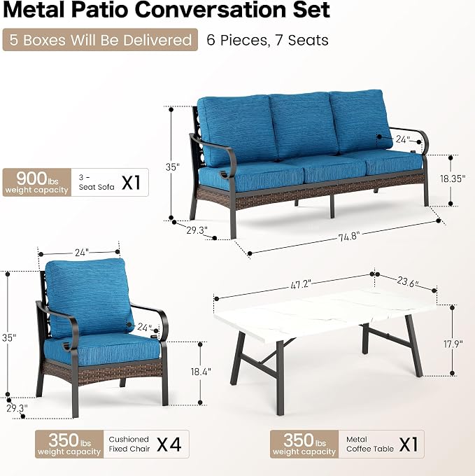 SUNSHINE VALLEY 6 Piece Metal Outdoor Patio Furniture Set, Patio Conversation Sets with 3-seater Couch, 4 Single Sofa (5.75" Extra Thick Cushion) & Coffee Table, Black Frame Backyard Furniture, Blue-2
