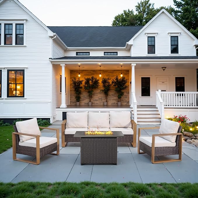 Belord Full 4 Pieces Patio Furniture Set with 41” Propane Fire Pit Table, Outdoor Conversation Set with Patio Chairs Set of 2 and Rattan Sofa for Deck Backyard