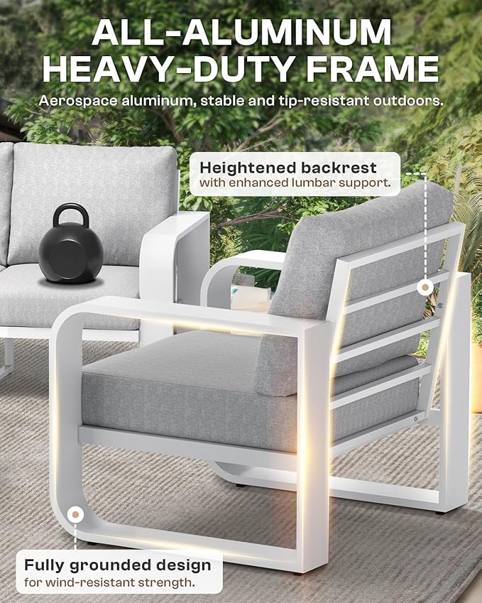 Oversized Aluminum Outdoor Furniture Set, Extra Large Patio Furniture Sofa Set 4.8” Widened Armrest & Ultra-Thick Cushions, 4 Pcs Modern Patio Sectional for Backyard, Porch, White