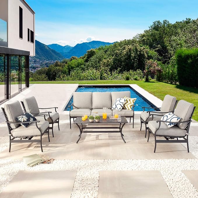 Patio Conversation Set 6 Pieces Cushioned Outdoor Metal Furniture Sets with All Weather Galvanized Steel Frame (Grey)