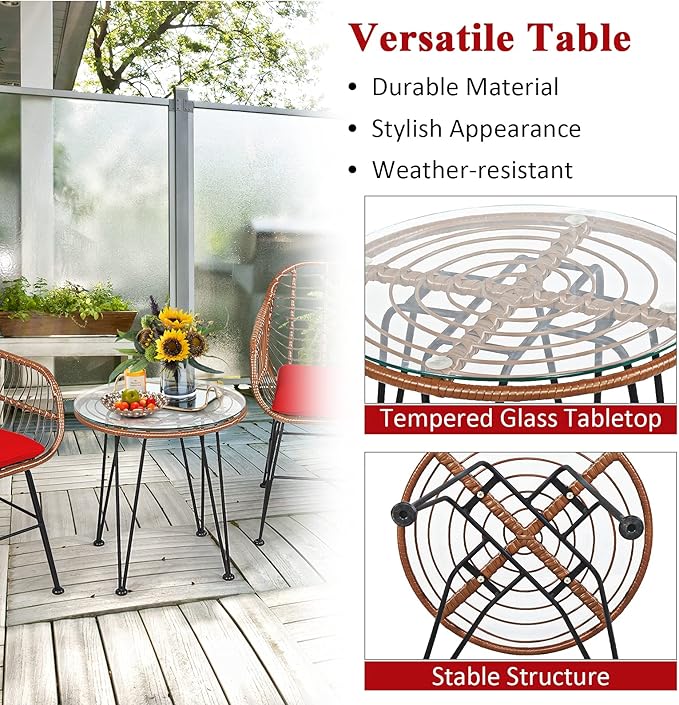 COSTWAY 3 Pieces Patio Bistro Set, Outdoor Rattan Conversation Seating Chair Set with Coffee Table & Soft Cushions, Indoor Wicker Furniture Set for Garden, Balcony, Porch, Pool, Red