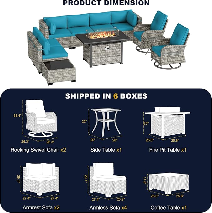 11-Piece Outdoor Patio Furniture Set with Rocking Swivel Chair, Wicker Rattan Sectional Sofa Conversation Set with 55,000 BTU Fire Pit Table, Backyard Furniture, Turquoise