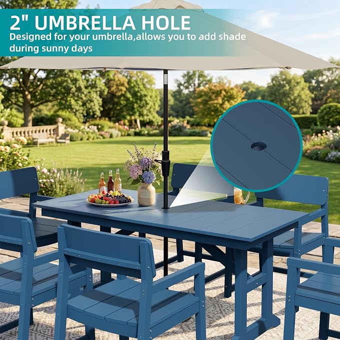 JAMFLY 7 Piece Outdoor Dining Set, All Weather Patio Table and Chairs for Backyard Garden Deck Lawn Pool, Sturdy All Weather Outdoor Furniture Set with Umbrella Hole, Blue
