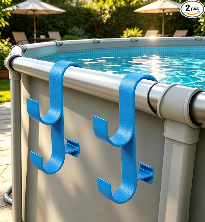 2Pcs Above Ground Pool Pole Hooks, Double Hanging Bracket for Pool Telescopic Pole, Leaf Skimmer Net & Vacuum Hose, Pool Rail Accessory Storage Hanger
