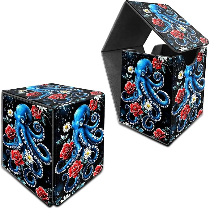 Rose Octopus Card Deck Box for MTG, Personalized Card Storage Case Fits 120+ Sleeved Cards, Premium Leather TCG Box with Strong Magnetic Closure for Magic, CCG, PTCG, Baseball Cards