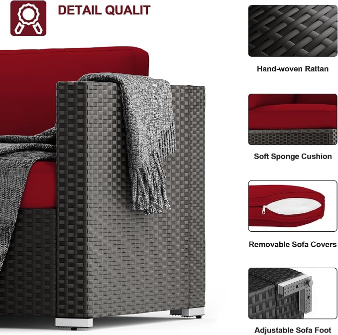 SUNCROWN 7-Piece Outdoor Patio Furniture Sofa Set All-Weather Wicker Sectional Conversation Set with Modern Glass Coffee Table, Cushions and Waterproof Cover,Red