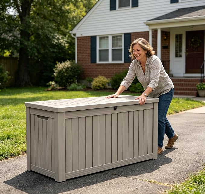 LAUSAINT HOME 120 Gallon Resin Deck Box, Package Delivery Box with Lockable Lid, Waterproof Outdoor Storage Box For Garden Tools, Patio Cushions(120 Gallon,Grey)