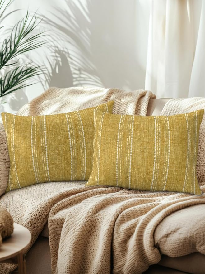 Waterproof Outdoor Pillow Set of 2 Yellow Linen Stripes Decorative Throw Pillows Cover & Insert 20x12 Inch Lumbar Pillowcase Parallel Vertical Lines Pillows for Couch Sofa Bed Patio Furniture