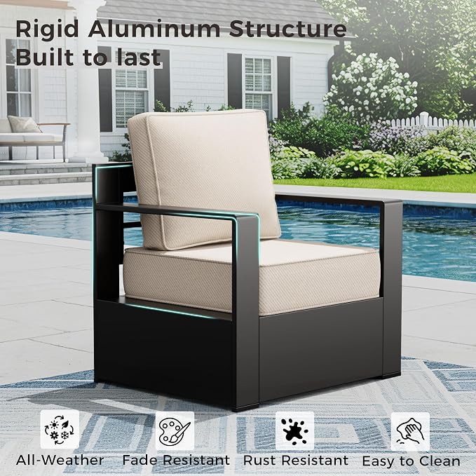Outdoor Patio Furniture Set, 4-Piece Aluminum Patio Conversation Set All-Weather Metal Outdoor Sectional with 6 Inch Thick Cushions, Deep Setting for Garden, Outside and Porch, Beige