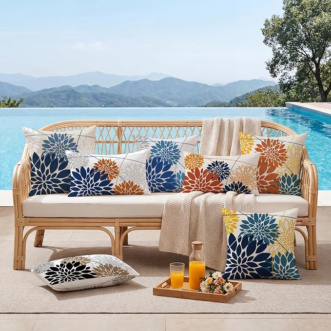 OTOSTAR Outdoor Blue Pillow Covers 20x20 Inch Set of 2 Beige White Flower Throw Pillows Farmhouse Geometric Dahlia Floral Square Cushion Case Waterproof Decor for Sofa Patio Funiture Garden