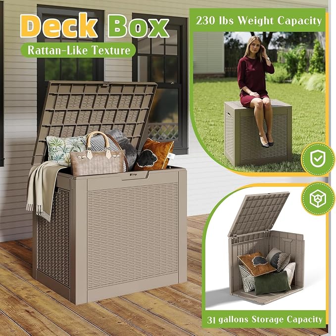 31 Gallon Outdoor Storage Box Weather Resistant UV Protection Waterproof Resin Deck Box for Garden, Patio, Porch, Delivery(Rattan Beige)