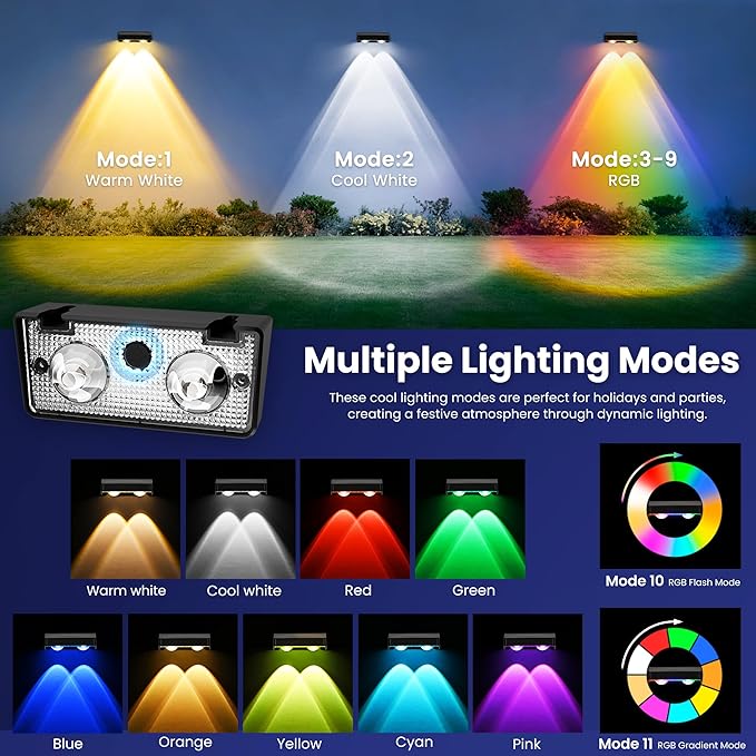 Solar Fence Lights Outdoor 16 Pack, 50 LM 11 Modes & 9 Colors Solar Lights with Brighter LED Focus Lens Waterproof IP65 for Wall Backyard Deck Patio Porch Step Railings Pool Decor