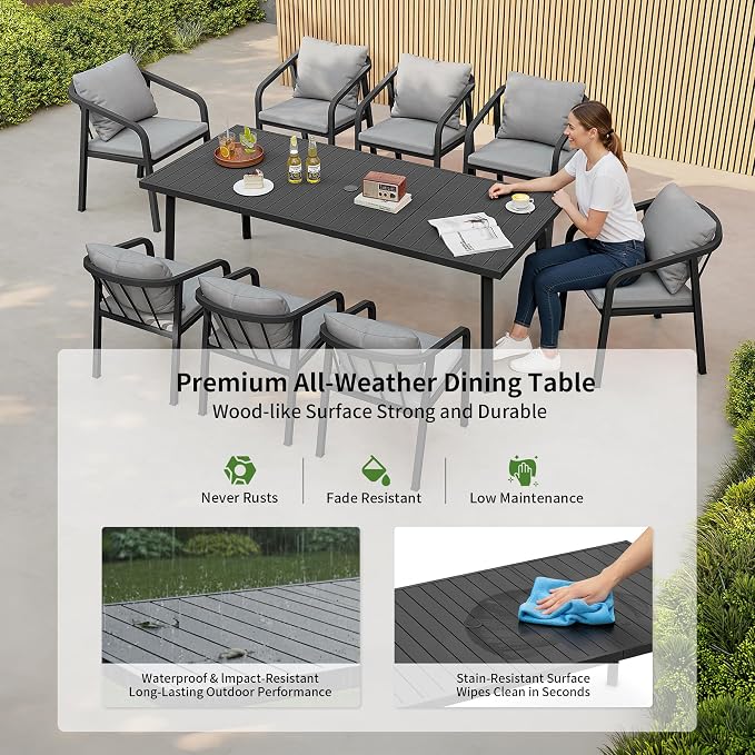 Outdoor Dining Set,9-Piece Patio Dining Table Set for 8 with Rectangular Table & 8Thick Cushion Sofa Chair, Aluminum All-Weather Patio Furniture Set for Backyard, Garden and Poolside (Black)