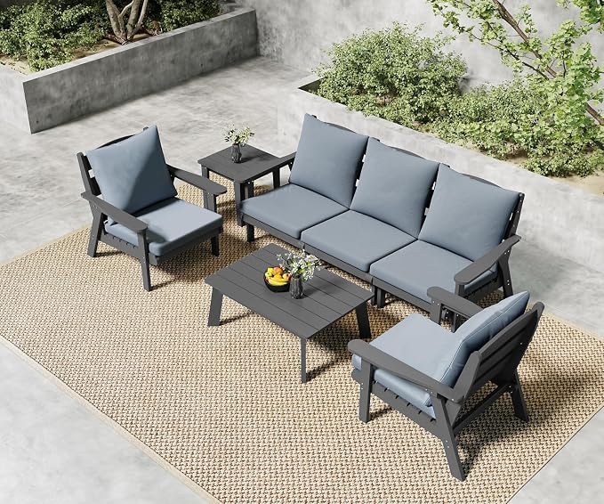 FOOWIN 7-Piece Patio Furniture Set, HDPE All-Weather Outdoor Conversation Set with Thick Cushions, Sectional Patio Sofa Furniture for Deck, Porch, Lawn, Garden, Grey Frame & Grey Cushion