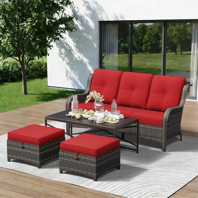 4-Piece Outdoor Couch Set, Includes Wicker Patio Sofa with Thickened Olefin Cushions, High Back and Deep Seating, Hand-Woven PE Rattan and 2 Ottomans, 1 Coffee Table for Porch, Deck