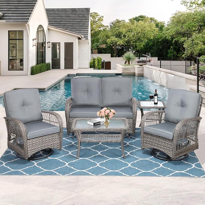 MEETWARM 5 Pieces Outdoor Patio Rattan Furniture Sets, All Weather Patio Wicker Conversation Set - 2 Rocking Swivel Chairs 1 Rattan Loveseat Glider w/Cushions, 2 Glass-Top Coffee Table, Gray