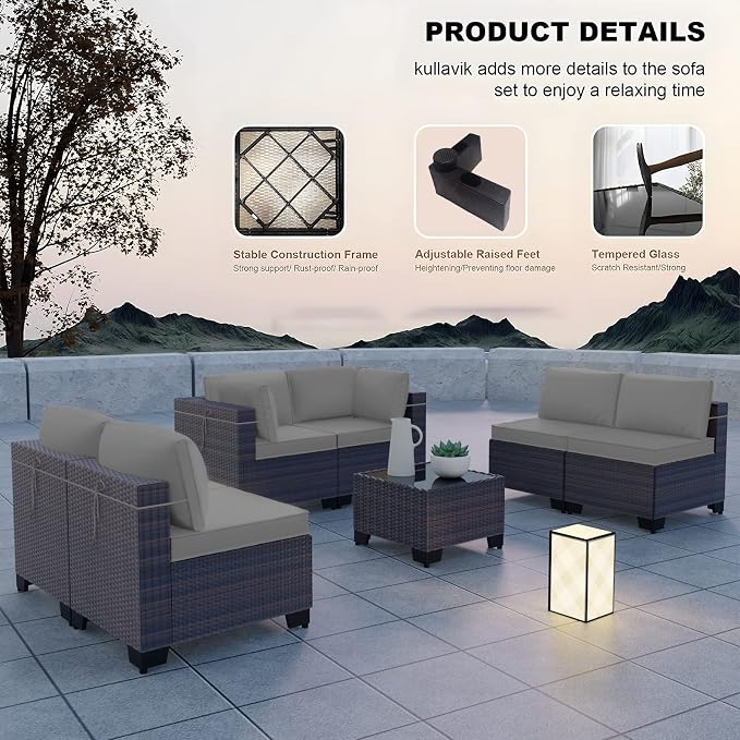 Kullavik 7 Pieces Outdoor Patio Furniture Set,Sectional Rattan Sofa Set Brown PE Rattan Wicker Patio Conversation Set with Tempered Glass Coffee Table and Washable Cushions Covers,Grey