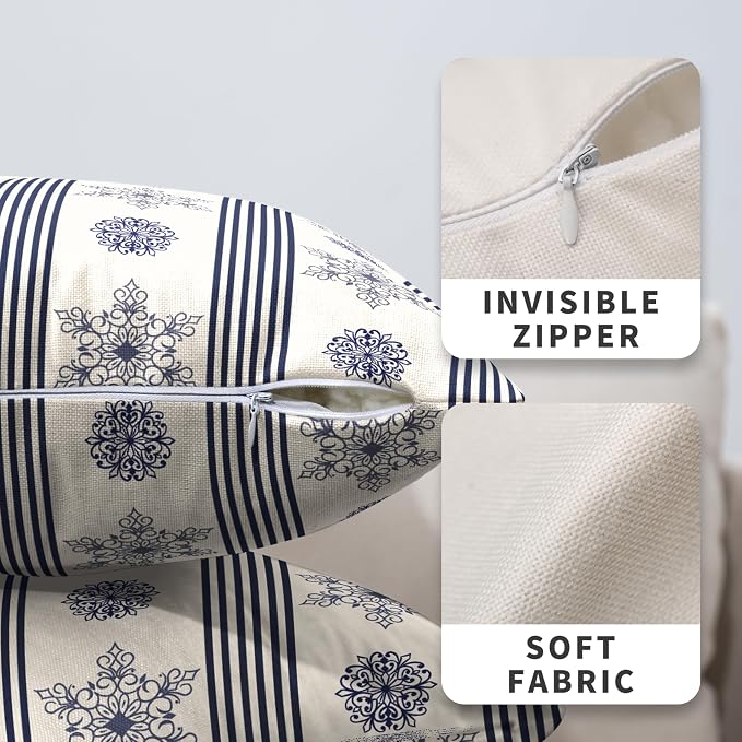 Winter Pillow Covers Blue and White Porcelain Blue Snowflakes Striped Throw Pillow Covers Navy Blue Floral Pillowcase 18x18 Set of 2 Neutral Cushion Case for Couch Sofa