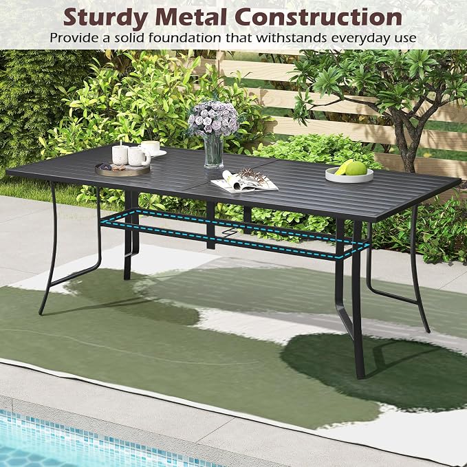Tangkula 9 Pieces Patio Dining Set for 8, Outdoor Rectangular Table and Stackable Chairs with Umbrella Hole, Outside Furniture Set for Backyard, Garden and Deck (Black)