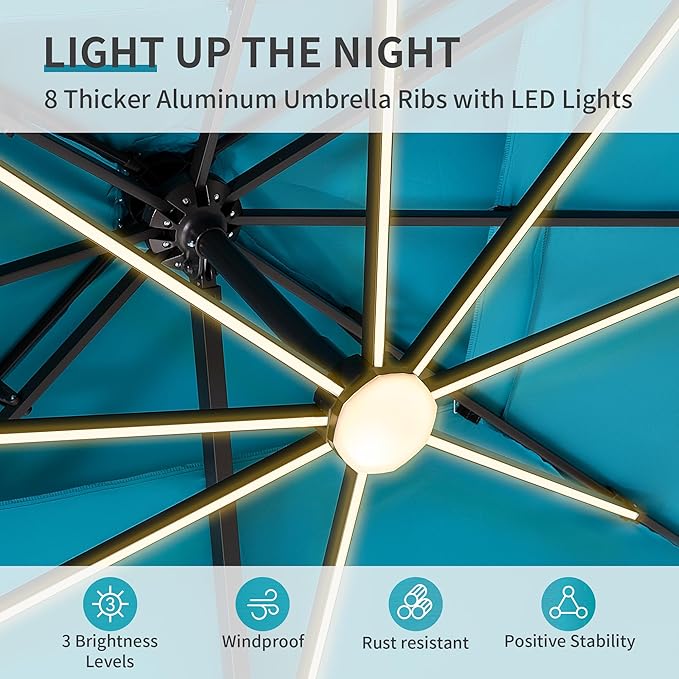 10 X 13 FT Cantilever Patio Umbrella with Base Included & Led Lights Outdoor Rectangle Offset Large Double Top Heavy Duty Umbrellas 360°Rotation for Pool Deck Backyard, Turquoise Green