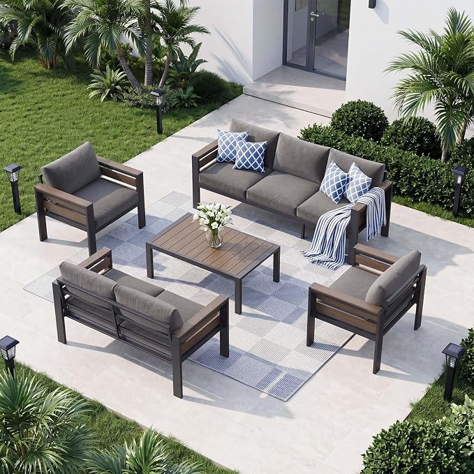 DoCred Aluminum Patio Furniture Set, 5-Piece Modular Patio Conversation Set with Widened Armrests and Thickened Cushions, Metal Outdoor Furniture Set for Porch, Balcony, Deck, Yard, Poolside