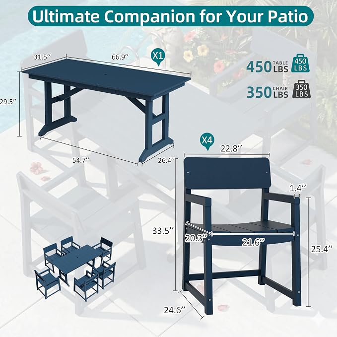 JAMFLY 7 Piece Outdoor Dining Set, All Weather Patio Table and Chairs for Backyard Garden Deck Lawn Pool, Sturdy All Weather Outdoor Furniture Set with Umbrella Hole, Blue