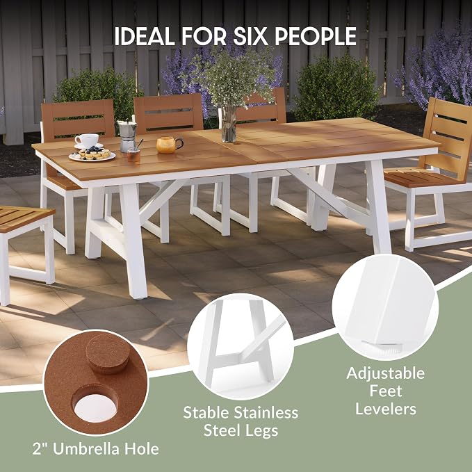 WestinTrends Cape May 9-Piece HDPE Outdoor Furniture Patio Dining Table with Umbrella Hole and Chairs Set for 8, Teak