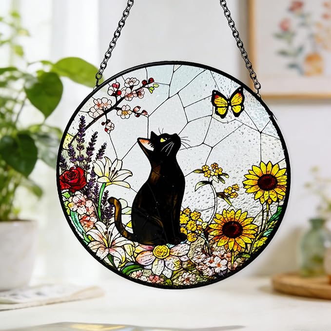 Cat Stained Glass Suncatcher Window, Hanging Sun Catchers Indoor Window, Suncatcher for Mom/Women (Black)