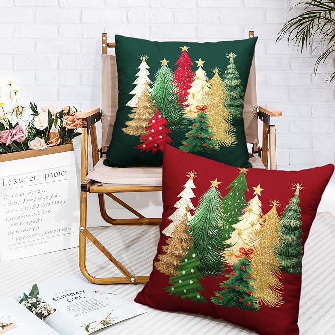 Green and Red Xmas Pillow Covers Set of 2 Colorful Christmas Tree Pillow Case 16x16 Winter Holiday Throw Pillow Cases Cotton Linen Cushion Case for Couch Sofa Home Decor