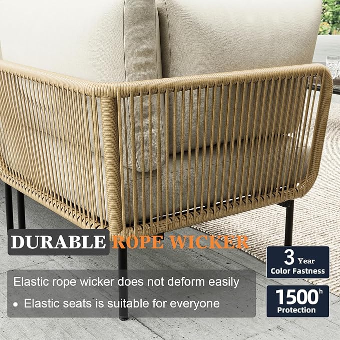 7 Piece Modern Outdoor Rope Wicker Sectional Patio L-Shaped Conversation Sofa Set Deep Seating with Thick Cushions