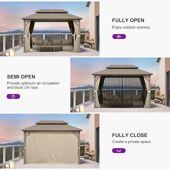 PURPLE LEAF 8' x 12' Outdoor Hardtop Gazebo, Champagne Metal Gazebo with Galvanized Steel Double Roof, Curtains and Netting for Patio Lawn and Garden