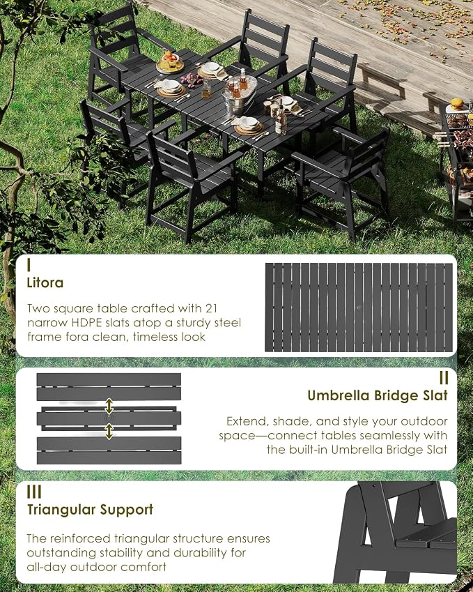 GREENVINES 7-Piece-Outdoor-Table-and-Chairs | HDPE | Patio Furniture | Dining Sets for 6 | Removable Armrests | All Weather | Connectable Tables | for Backyard Poolside Garden | Black