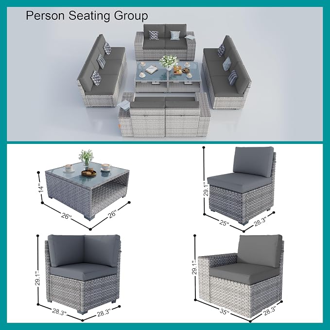 12-Piece Patio Furniture Set, Outdoor Extra Wide Armrest Modular Patio Sofa, Dual-Strand Rattan Wicker, Rust-Resistant Frame, Backyard High Back, Large Seat Furniture for Porch Garden Balcony, Grey