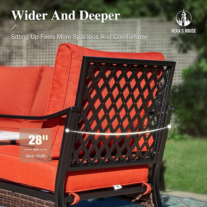 HERA'S HOUSE 5 Piece Metal Patio Furniture Set, 7 Seats All Weather Outdoor Conversation Set, 3 Seat Sofa with Loveseat, 2 Fixed Chairs, Coffee Table for Backyard, Garden, Deck, Red