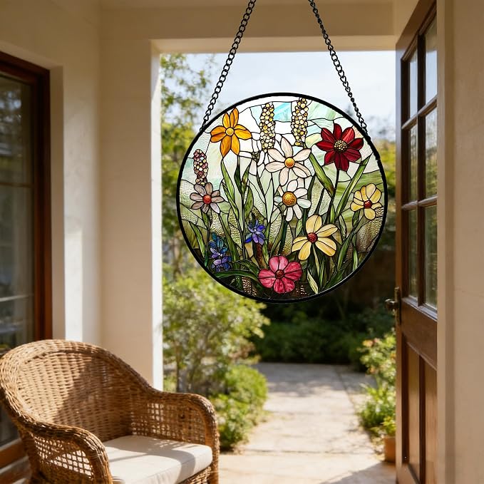 DASTOLL Stained Glass Window Hanging, Colorful Wildflowers Plant Scenery Suncatcher for Doors Window Home White Green Sun Catchers Decor Mother's Day Birthday Gifts for Women, Men Mom 6.3 in