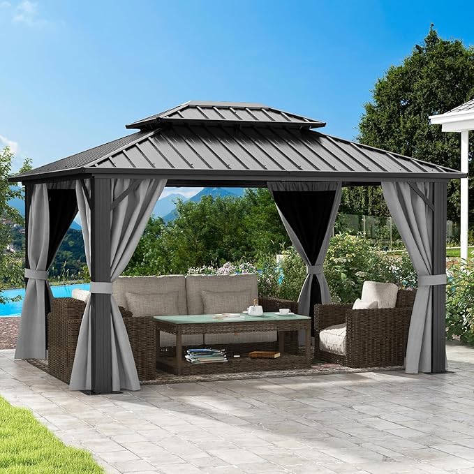 DWVO 10x12ft Hardtop Gazebo Double Roof with Nettings and Curtains, Heavy Duty Galvanized Steel Outdoor Vertical Stripes Roof for Patio, Backyard, Deck, Lawns, Grey