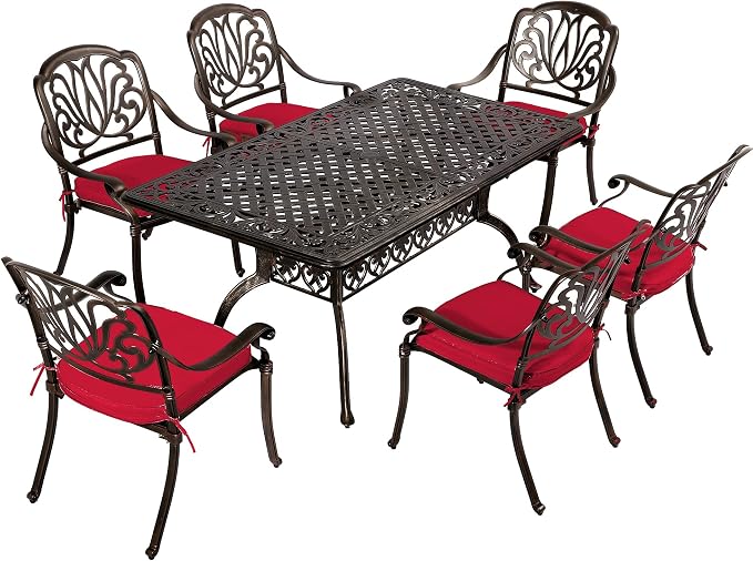 TITIMO 7-Piece Cast Aluminum Patio Dining Set, Outdoor Dining Furniture Patio Conversation Set, Rectangular Table w/Umbrella Hole for Backyard Deck Poolside (Red-Fixed Elizabeth Chair, 7 Pcs)