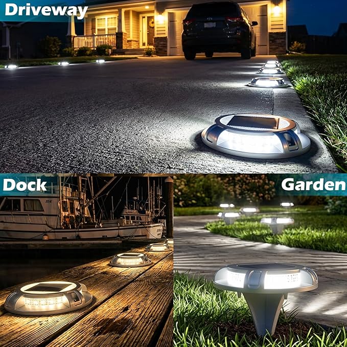 SIEDiNLAR Solar Driveway Lights Outdoor 4 Modes 40 LEDs Deck Driveway Markers Marine Dock Light Waterproof for Ground Walkway Pathway Step Garden Yard, White/Warm Dynamic Lighting (4 Pack)